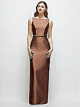 Front View Thumbnail - Cognac Bateau Neck Satin Column Dress with Bow-Trimmed Skinny Belt