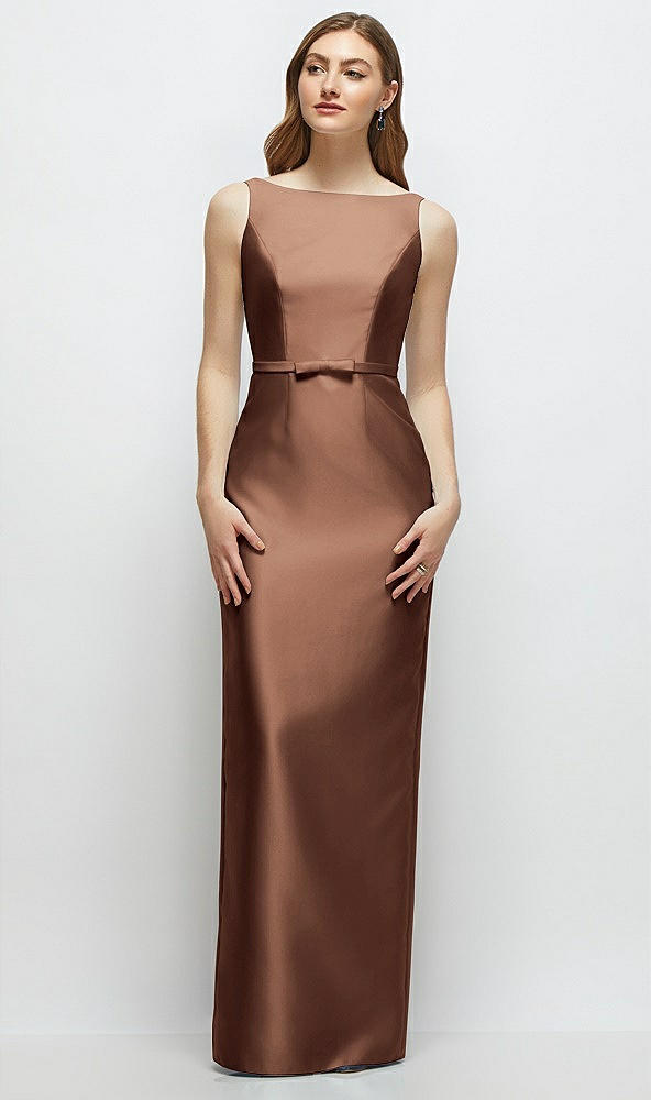 Front View - Cognac Bateau Neck Satin Column Dress with Bow-Trimmed Skinny Belt