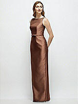 Side View Thumbnail - Cognac Bateau Neck Satin Column Dress with Bow-Trimmed Skinny Belt