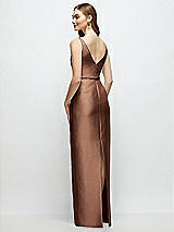 Rear View Thumbnail - Cognac Bateau Neck Satin Column Dress with Bow-Trimmed Skinny Belt