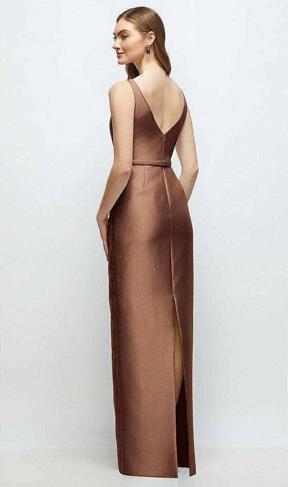 Back View - Cognac Bateau Neck Satin Column Dress with Bow-Trimmed Skinny Belt