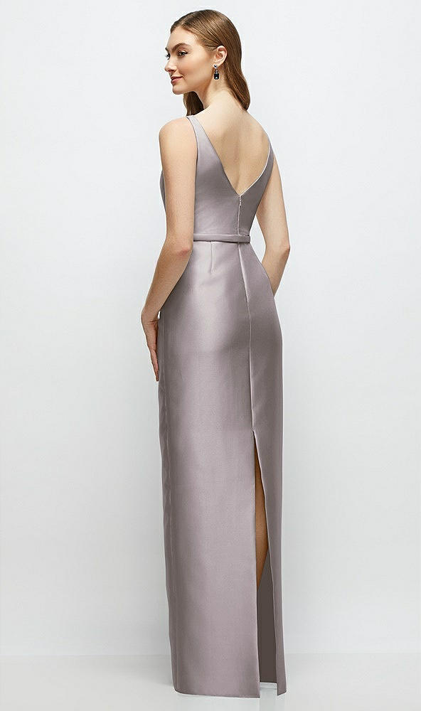 Back View - Cashmere Gray Bateau Neck Satin Column Dress with Bow-Trimmed Skinny Belt