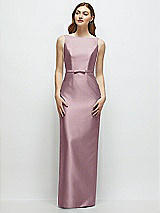 Front View Thumbnail - Dusty Rose Bateau Neck Satin Column Dress with Bow-Trimmed Skinny Belt