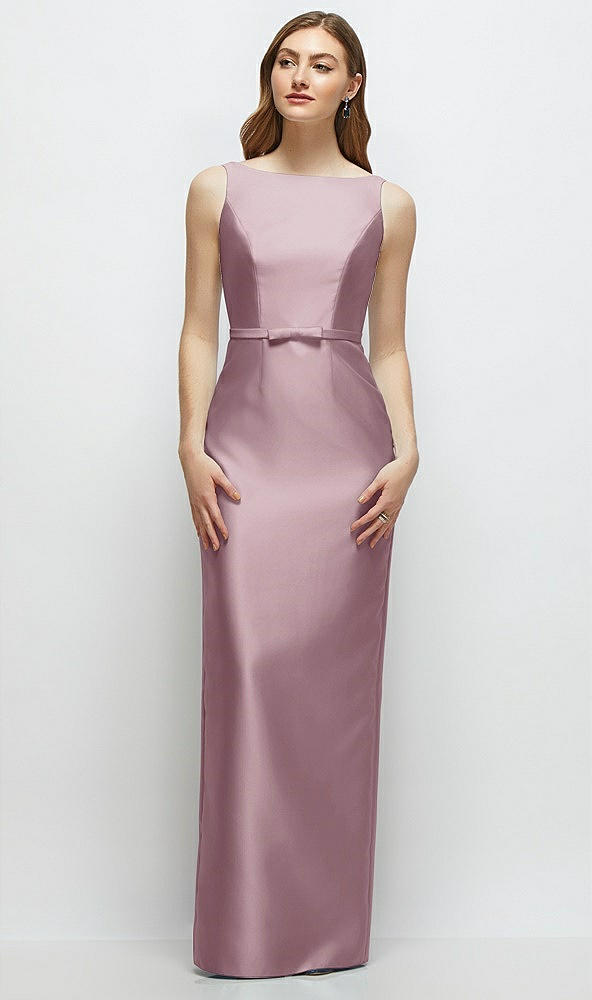 Front View - Dusty Rose Bateau Neck Satin Column Dress with Bow-Trimmed Skinny Belt