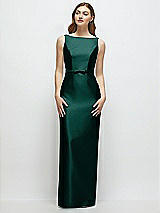 Front View Thumbnail - Evergreen Bateau Neck Satin Column Dress with Bow-Trimmed Skinny Belt