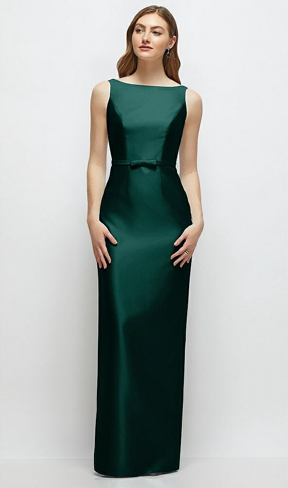 Front View - Evergreen Bateau Neck Satin Column Dress with Bow-Trimmed Skinny Belt