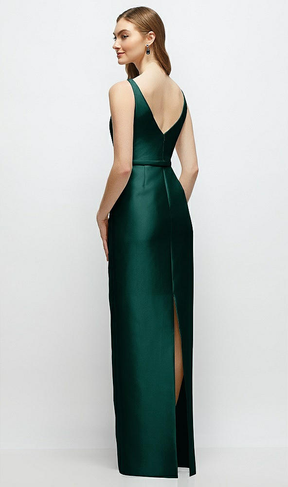 Back View - Evergreen Bateau Neck Satin Column Dress with Bow-Trimmed Skinny Belt