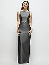 Front View Thumbnail - Gunmetal Bateau Neck Satin Column Dress with Bow-Trimmed Skinny Belt