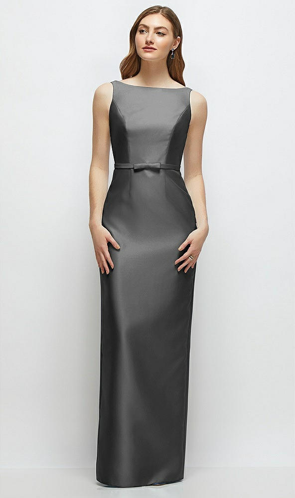 Front View - Gunmetal Bateau Neck Satin Column Dress with Bow-Trimmed Skinny Belt