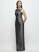 Side View Thumbnail - Gunmetal Bateau Neck Satin Column Dress with Bow-Trimmed Skinny Belt