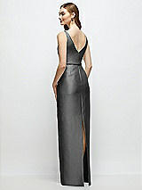 Rear View Thumbnail - Gunmetal Bateau Neck Satin Column Dress with Bow-Trimmed Skinny Belt