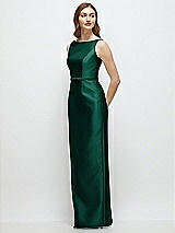 Side View Thumbnail - Hunter Green Bateau Neck Satin Column Dress with Bow-Trimmed Skinny Belt