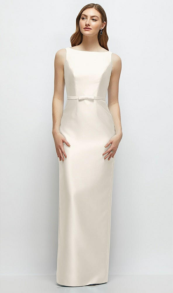 Front View - Ivory Bateau Neck Satin Column Dress with Bow-Trimmed Skinny Belt