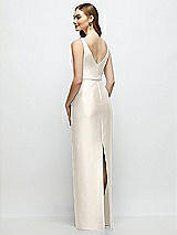 Rear View Thumbnail - Ivory Bateau Neck Satin Column Dress with Bow-Trimmed Skinny Belt