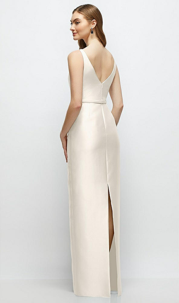 Back View - Ivory Bateau Neck Satin Column Dress with Bow-Trimmed Skinny Belt