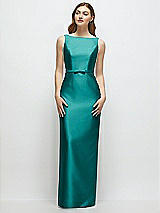 Front View Thumbnail - Jade Bateau Neck Satin Column Dress with Bow-Trimmed Skinny Belt