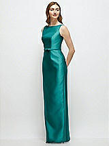 Side View Thumbnail - Jade Bateau Neck Satin Column Dress with Bow-Trimmed Skinny Belt