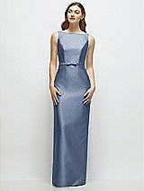 Front View Thumbnail - Larkspur Blue Bateau Neck Satin Column Dress with Bow-Trimmed Skinny Belt