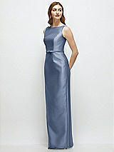 Side View Thumbnail - Larkspur Blue Bateau Neck Satin Column Dress with Bow-Trimmed Skinny Belt