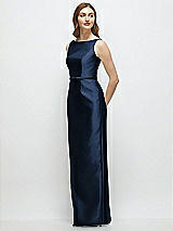 Side View Thumbnail - Midnight Navy Bateau Neck Satin Column Dress with Bow-Trimmed Skinny Belt