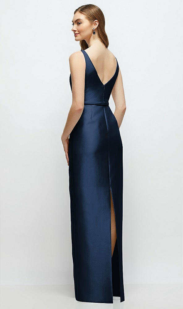 Back View - Midnight Navy Bateau Neck Satin Column Dress with Bow-Trimmed Skinny Belt