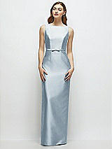 Front View Thumbnail - Mist Bateau Neck Satin Column Dress with Bow-Trimmed Skinny Belt