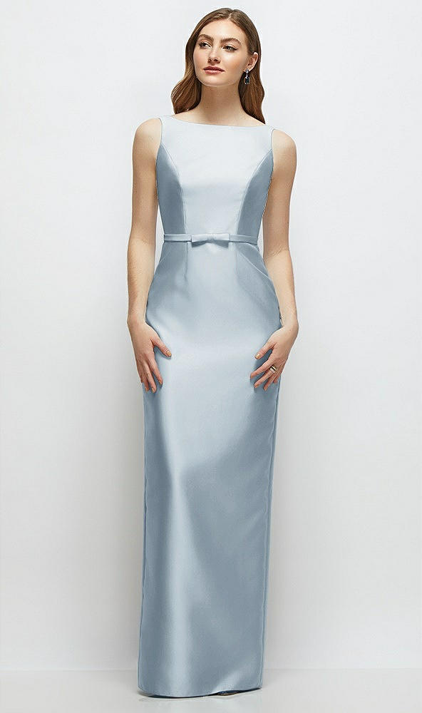 Front View - Mist Bateau Neck Satin Column Dress with Bow-Trimmed Skinny Belt