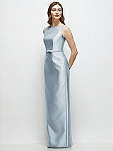 Side View Thumbnail - Mist Bateau Neck Satin Column Dress with Bow-Trimmed Skinny Belt