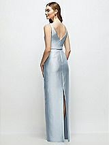 Rear View Thumbnail - Mist Bateau Neck Satin Column Dress with Bow-Trimmed Skinny Belt