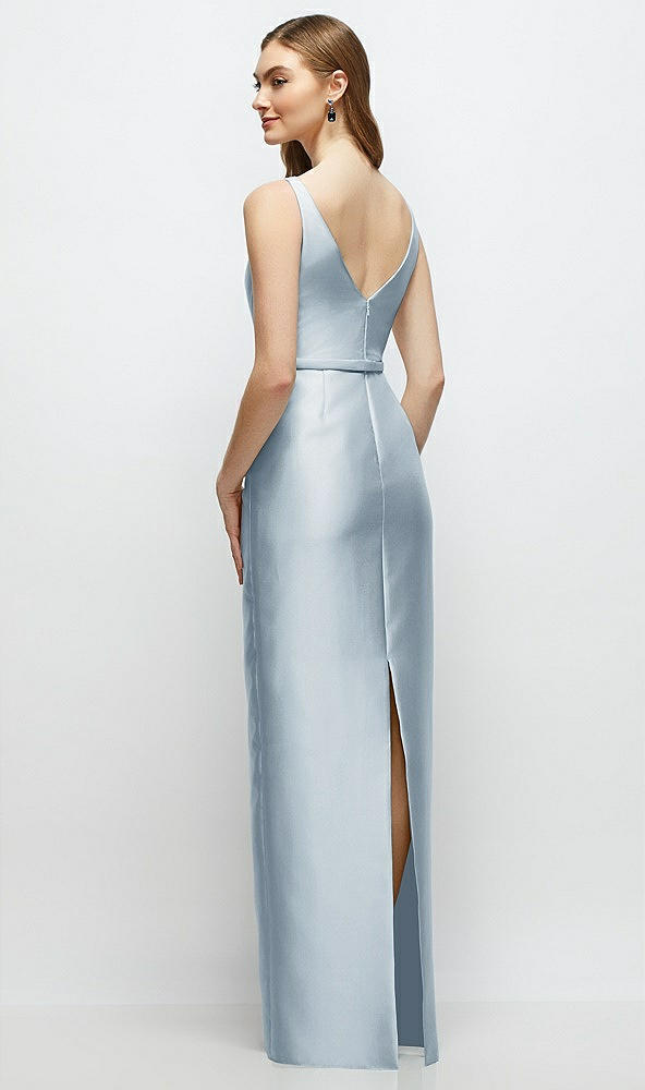 Back View - Mist Bateau Neck Satin Column Dress with Bow-Trimmed Skinny Belt