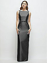 Front View Thumbnail - Pewter Bateau Neck Satin Column Dress with Bow-Trimmed Skinny Belt