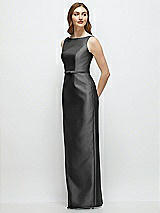 Side View Thumbnail - Pewter Bateau Neck Satin Column Dress with Bow-Trimmed Skinny Belt