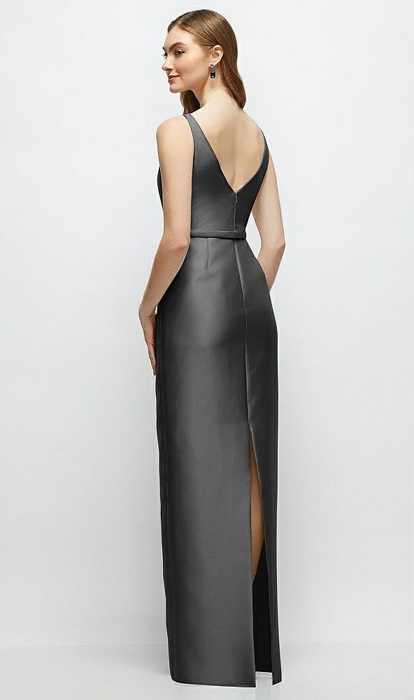 Back View - Pewter Bateau Neck Satin Column Dress with Bow-Trimmed Skinny Belt