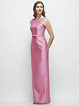 Side View Thumbnail - Powder Pink Bateau Neck Satin Column Dress with Bow-Trimmed Skinny Belt