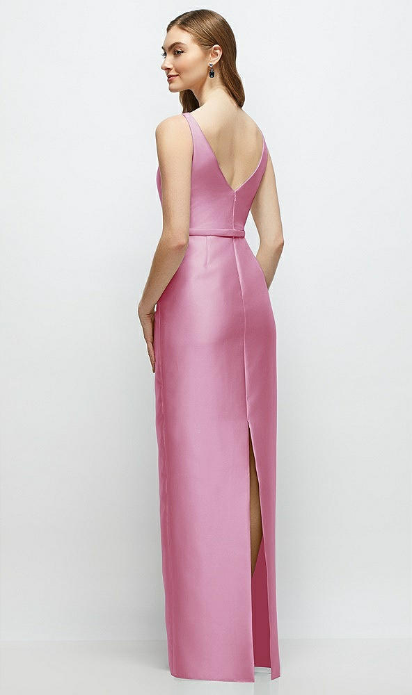 Back View - Powder Pink Bateau Neck Satin Column Dress with Bow-Trimmed Skinny Belt