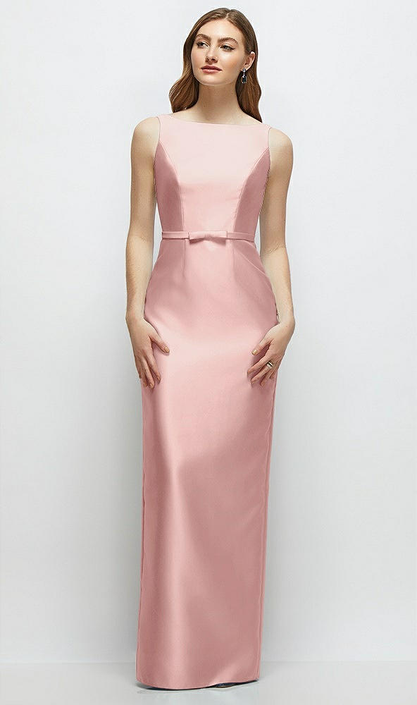 Front View - Rose Bateau Neck Satin Column Dress with Bow-Trimmed Skinny Belt