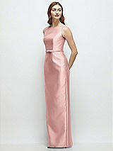 Side View Thumbnail - Rose Bateau Neck Satin Column Dress with Bow-Trimmed Skinny Belt