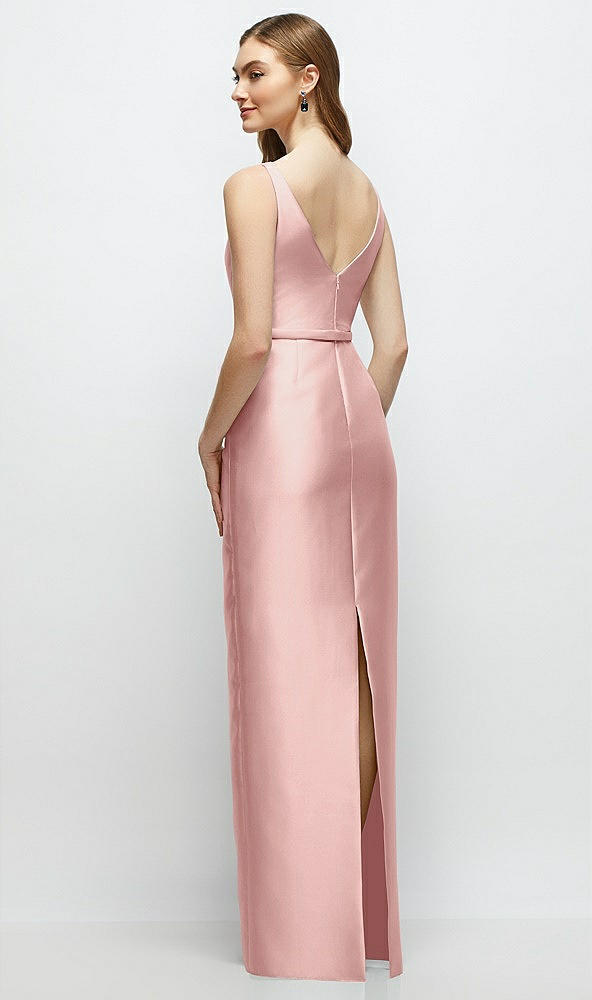 Back View - Rose Bateau Neck Satin Column Dress with Bow-Trimmed Skinny Belt