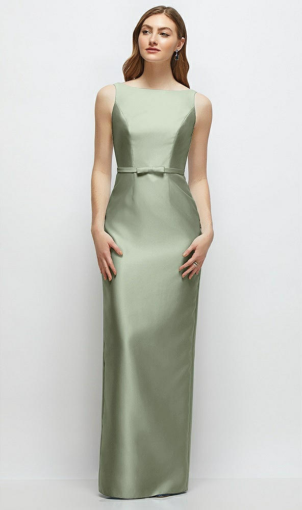 Front View - Sage Bateau Neck Satin Column Dress with Bow-Trimmed Skinny Belt