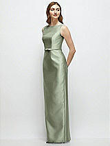 Side View Thumbnail - Sage Bateau Neck Satin Column Dress with Bow-Trimmed Skinny Belt