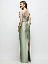 Rear View Thumbnail - Sage Bateau Neck Satin Column Dress with Bow-Trimmed Skinny Belt