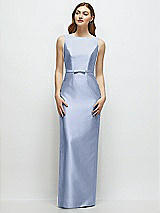 Front View Thumbnail - Sky Blue Bateau Neck Satin Column Dress with Bow-Trimmed Skinny Belt