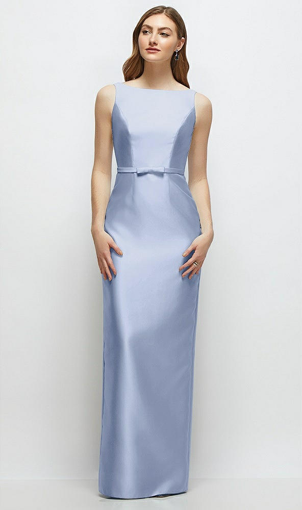 Front View - Sky Blue Bateau Neck Satin Column Dress with Bow-Trimmed Skinny Belt