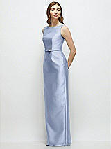 Side View Thumbnail - Sky Blue Bateau Neck Satin Column Dress with Bow-Trimmed Skinny Belt