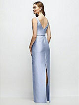 Rear View Thumbnail - Sky Blue Bateau Neck Satin Column Dress with Bow-Trimmed Skinny Belt