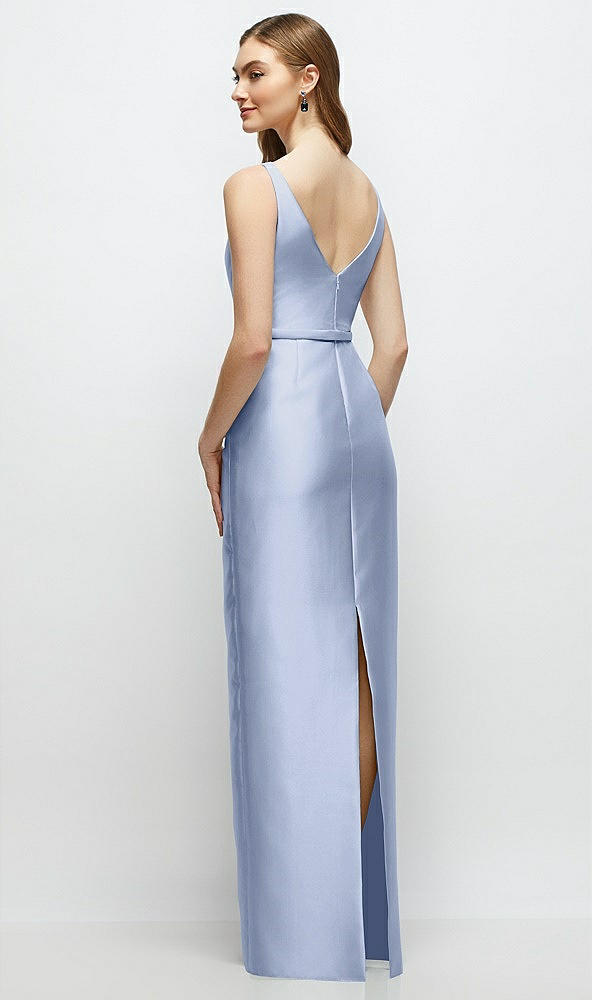 Back View - Sky Blue Bateau Neck Satin Column Dress with Bow-Trimmed Skinny Belt