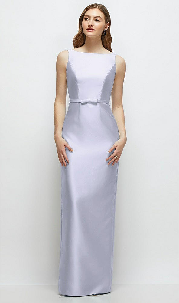 Front View - Silver Dove Bateau Neck Satin Column Dress with Bow-Trimmed Skinny Belt