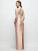 Rear View Thumbnail - Toasted Sugar Bateau Neck Satin Column Dress with Bow-Trimmed Skinny Belt