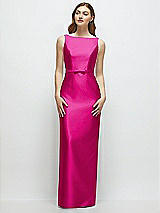 Front View Thumbnail - Think Pink Bateau Neck Satin Column Dress with Bow-Trimmed Skinny Belt