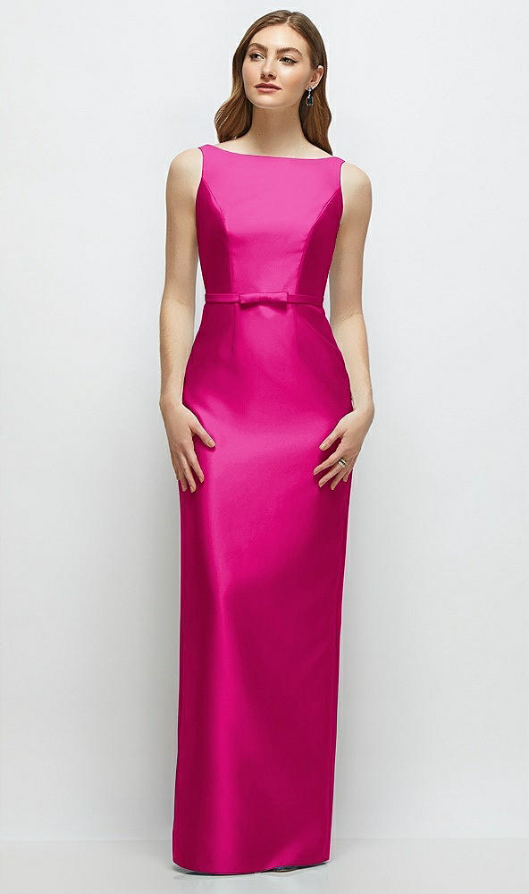 Front View - Think Pink Bateau Neck Satin Column Dress with Bow-Trimmed Skinny Belt